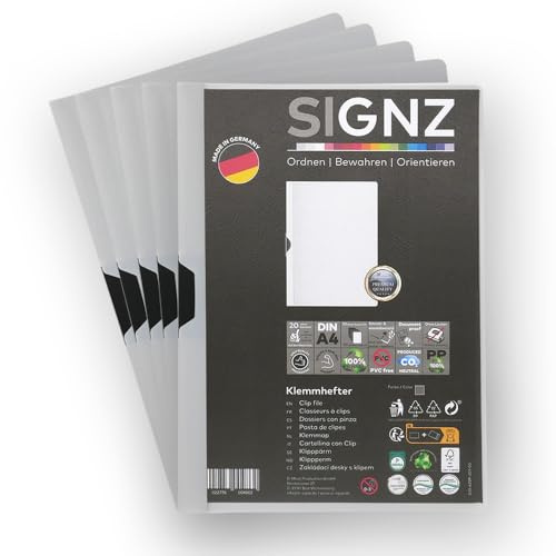 SIGNZ Klemmhefter DIN A4, 5 Stück, grau, Für bis zu 30 Blatt, CO2-neutral hergestellt, made in Germany