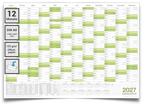 Wandkalender 2027 DIN A0 groß (1189x840mm) Jahreskalender im XXL quer Format gefaltet. Jahresplaner 2027 Kalender in deutscher Sprache von Kalenderoutlet