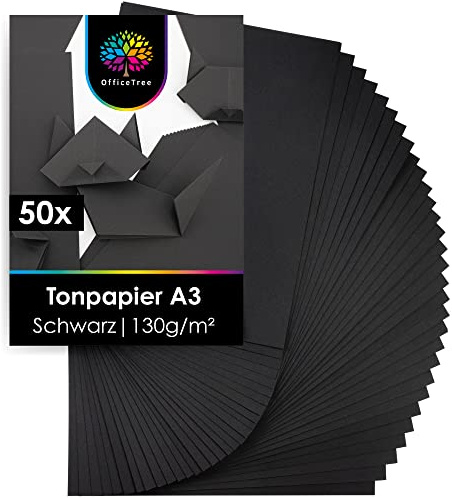 OfficeTree 50 x Tonpapier Schwarz A3 130g - Schwarzes Tonpapier A3 - Scherenschnittpapier - Bastelpapier Schwarz - Tonzeichenpapier zum Basteln & Malen - Schwarzes Papier