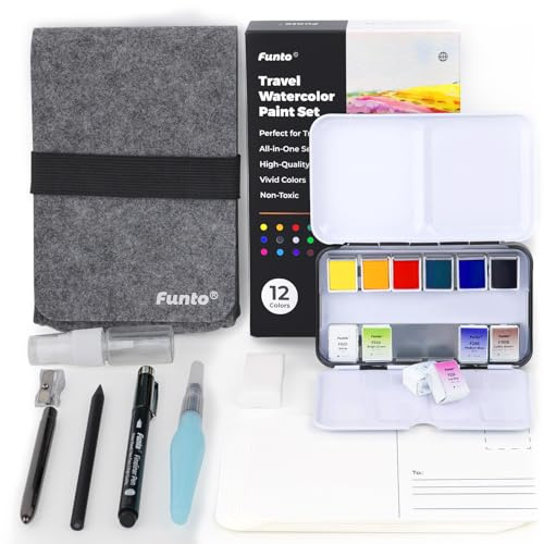 Funto-Reise-Wasserfarben-Set, 12-Farben-Farbe, 10 Premium-Briefkarten, Pinsel, Pinselstift, Feinliner, Bleistift, Malset für Erwachsene