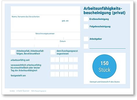 Frank Paperman® | 150x Blatt Attest block für Krankschreibungen | ungeblockt | Vordruck Arbeitsunfähigkeitsbescheinigung im DIN-A6-Format | Arzt Zubehör