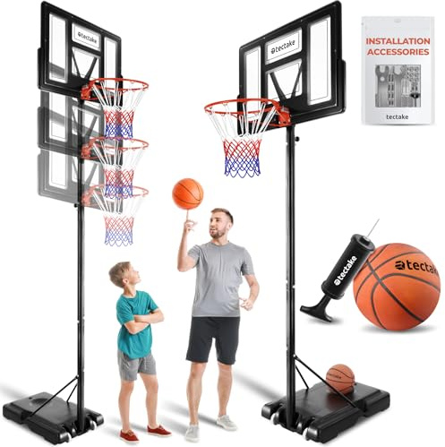 tectake® Basketballkorb Outdoor mit Rollen, Basketball Kinder, Erwachsene, mobiler Standfuß mit Rückwand, Korb mit Netz wetterfest, Basketballständer höhenverstellbar, inkl. Ball, Pumpe und 2 Netze