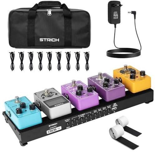 STRICH Gitarre Pedalboard mit integriertem Netzteil, kleines Pedalbrett 15 x 5,1 1,3 LB leichtes Aluminiumlegierung, Tasche, Klettstreifen PB-M15