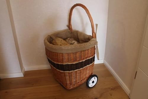 Kaminholzwagen aus Weide mit Jute Kaminholztasche Feuerholzkorb Weidenkorb Kaminkorb Holzkorb Brennholzwagen Wirtschftskorb Erntekorb