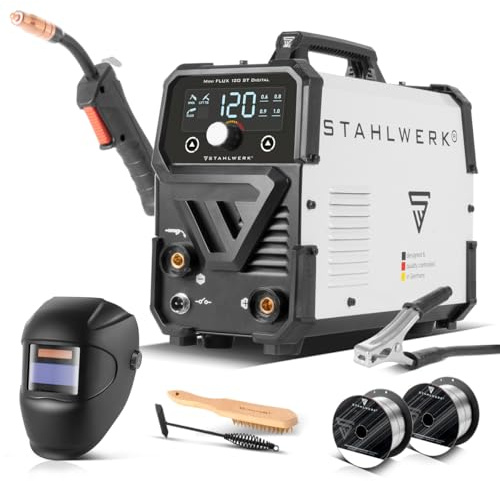STAHLWERK Schweißgerät Mini FLUX 120 ST Digital – Vollausstattung – Fülldrahtschweißen (FLUX) ohne Schutzgas bis 120 A, synergischer Drahtvorschub, LED-Licht, Lift-TIG- & MMA-Funktion (E-Hand/ARC)