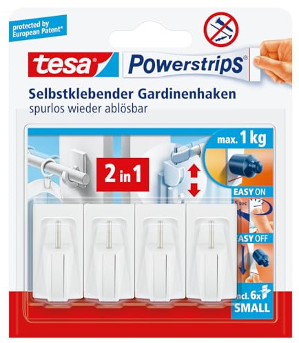 tesa Powerstrips Vario-Gardinenhaken/Selbstklebende Gardinenhaken von tesa - wieder ablösbar und mehrfach verwendbar/Bis 1 kg Belastung / 1 x 4 Stück/Weiß