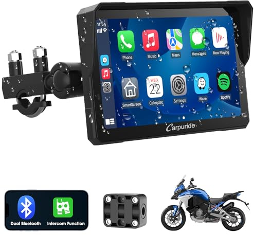 Carpuride W702 Pro Motorrad Carplay Bildschirm mit Gegensprechfunktion | Kabellos CarPlay & Android Auto, Tragbarem Wasserdichtem 7 Zoll Touchscreen, Verbessertem Dual Bluetooth, Naviga, Kompass.