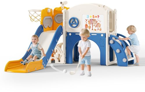 Krovtoy Kinderrutsche, Kleinkinderrutsche freistehend mit Basketballkorb, Kleinkinderklettergerüst, Babyrutsche Spielplatzgeräte, Kinderrutschen für Draußen (Blau Orange-10 in 1)