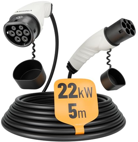 ABSINA Typ 2 Ladekabel 22kW & 32A für Hybrid & Elektroauto - 5 Meter Auto Ladekabel Typ2 3 phasig - Mode 3 Ladekabel - Kompatibel mit Model 3, e-Up, ID.3, Zoe, EQ fortwo, Kona Elektro, ID.4 UVM