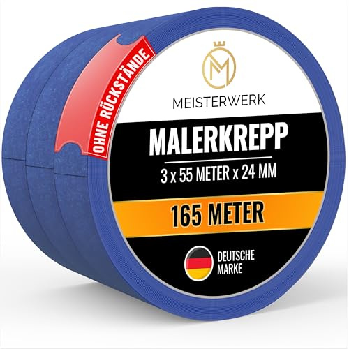 MEISTERWERK Malerkrepp für Malerarbeiten - (OHNE RÜCKSTÄNDE) - 165 Meter Kreppband (24mm Breite) - Rutschfestes Abklebeband für sauberes Renovieren, Streichen & Lackieren