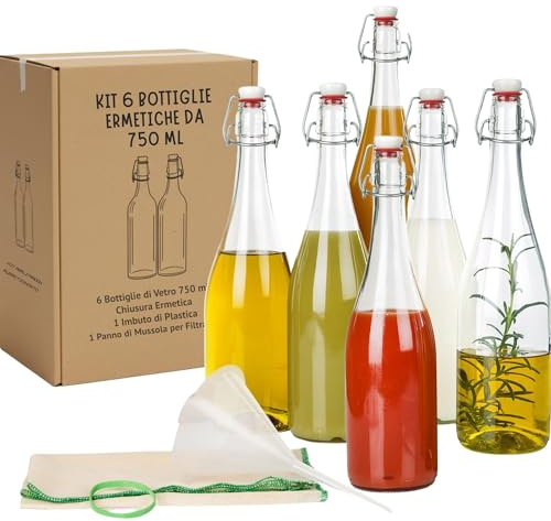 6er Set Bügelflaschen 750ml Glasflaschen mit luftdichtem Bügelverschluss | Gär-Set Fermentation & Getränke | Inkl. 10 cm Trichter, 50x50 cm Tuch, Porzellanklemme | Ideal für Kombucha & Saft
