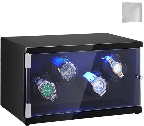 VEVOR Automatik-Uhrenbeweger, Watch Winder, Uhrenbeweger für Automatikuhren, Automatischer Uhrenbeweger mit Platz für 4 Uhren, LED Beleuchtung, Max. 20 cm Riemenlänge Schwarz