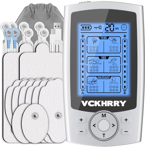 VCKHRRY TENS EMS Gerät, Wiederaufladbare Reizstromgerät Elektrische Muskelstimulation Massage mit 2 Kanäle 36 Trainingsprogramme 10 Elektroden Pads, Muskelaufbau am Bein, Rücken, Schulter, Nacken