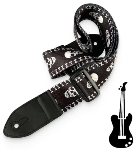 VJUYSW Gitarrengurt/Bass Gurt, Polyester Tragegurt für Akustik/ElektroGitarre oder Bass Inclusive Halter und Coolem Totenkopf-Design, 5cm Breit, Länge von 82 bis 130cm Verstellbar