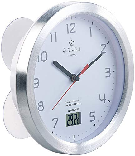 St. Leonhard Baduhr: Badezimmer-Wanduhr mit LCD-Thermometer und Aluminium-Rahmen, IPX4 (Uhr fürs Bad, Uhr fürs Badezimmer, Pool)