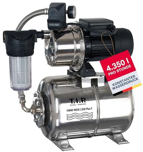 T.I.P. Hauswasserwerk HWW INOX 1300 Plus F – Edelstahl Druckkessel, 1200W, selbstansaugende Jet-Pumpe, 4350 l/h, 50m Förderhöhe, Vorfilter, wartungsfrei, Thermo-Überlastschutz