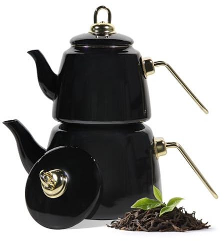 Homelux Teekanne Set, Wasserkessel Induktion Teekocher aus Emaille, Induktionsgeeignet, 2L+1L, Türkische teekanne, Caydanlik,Schwarz