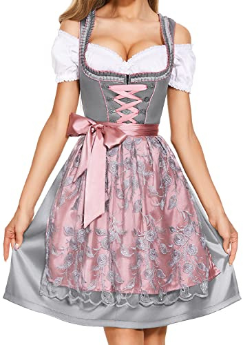 AMZHOTER Dirndl Damen midi Trachtenkleid Trachtenmode Trachtenrock Kleid inkl. Dirndlbluse Dirndlschürze 3 teilig für Oktoberfest Besondere Anlässe Grau 36