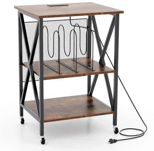 LIFEZEAL Beistelltisch für Schallplattenspieler, 3-Stufiger Sofatisch auf Rädern, Wohnzimmertisch mit Steckdose & Ladestation, Betttisch 75cm, Holzstandfuß für Schallplatte (mit Steckdose)