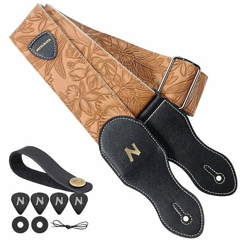 Nefelibata Gitarrengurt mit Plektrumtasche, 2,3-Zoll-Veganes Leder-Gitarrengurte im Porter-Stil, 60er-Jahre-Western-Vintage-Stil mit Plektren, Gurtknopf und Gurtschlössern