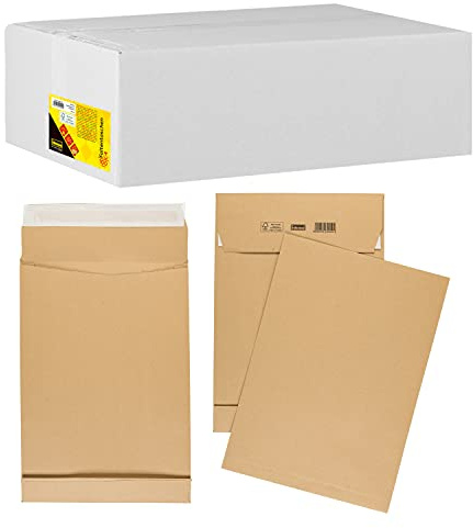 Idena 10250 - Versandtaschen DIN C4, 100 Stück haftklebend, Faltentaschen mit 4 cm Bodenfalte, Briefumschläge ohne Fenster, aus 130 g/m² FSC-Recycled Papier in Braun