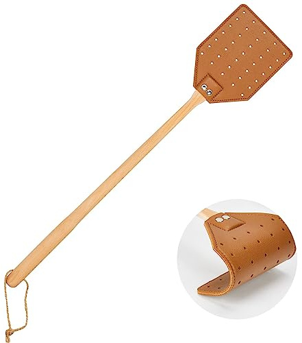 Heavy Duty Leder Fliegenklatsche, 49.5cm Fliegenklatsche mit langem Griff und Buchenholzgriff mit hängendem Seil Fliegenfänger für Drinnen und Draußen (Braun)