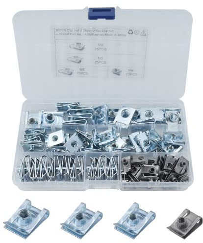 Aiyomi 80PCS Blechmutter Gewinde Clip Mutter Set U-Typ Blechmuttern M4 M5 M6 M8 Schnappmutter Set mit Aufbewahrungsbox Flachwinkelmutter Befestigungssortiment für Auto