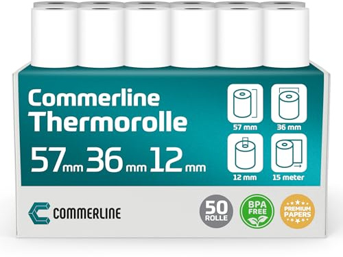 Commerline Thermorollen | 57mm x 36mm x 12mm, 15 Meter, 50 Rollen | Ec Rollen, Bonrollen Ec gerät, Thermopapier, Kassenrollen