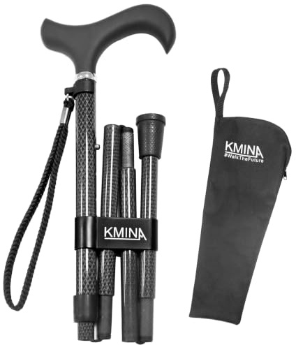 KMINA Carbon-Gehstock klappbar für Herren und Damen, höhenverstellbar | Schwarz, 82–95 cm, 260 g, 33 cm gefaltet, Derby-Softgriff, beidhändig, Handschlaufe, Tasche, bis 100 kg, Modell Pro