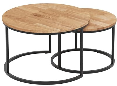 RIVERBANK® Couchtisch Rund - Stylischer Satztisch aus Massiv Eichenholz Set 2er - Vintage Sofa Tisches, Massiv Wohnzimmertisch, Wohnzimmer Schwarz 2er Set Coffee Table 75 und 58 cm