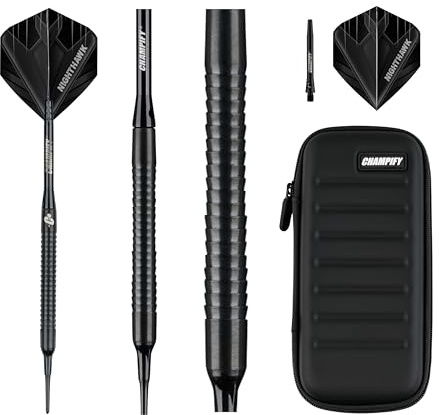 Champify® 18g Tungsten Soft-Darts Set “Nighthawk” mit Kunststoff-Spitze und schwarzer Darttasche | 3 Darts mit 9 Alu-Schäften & 9 Flights & 30 Softdart-Spitzen | Dartpfeile mit Plastik-Spitzen