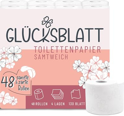 Glücksblatt Toilettenpapier SAMTWEICH, 4-lagig, 48 Rollen x 130 Blatt, 100% Zellstoff, superweiches Klopapier mit Glücks-Prägung, WC Papier, ideal für Camping, Verpackung aus mindestens 30% PCR-Anteil