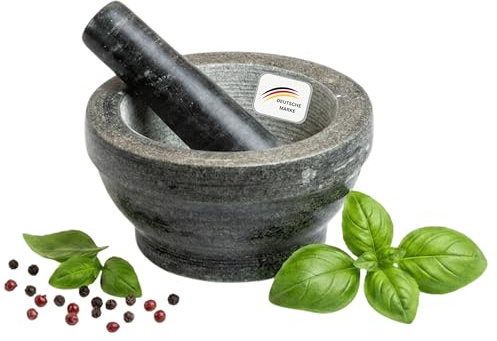 MOON HOME Mörser aus Granit mit Stößel, Hochwertiger Steinmörser für Gewürze & Kräuter – Rutschfest & robust – Naturstein Küchenhelfer, Maße: Ø: 16 cm, H: 8,5 cm