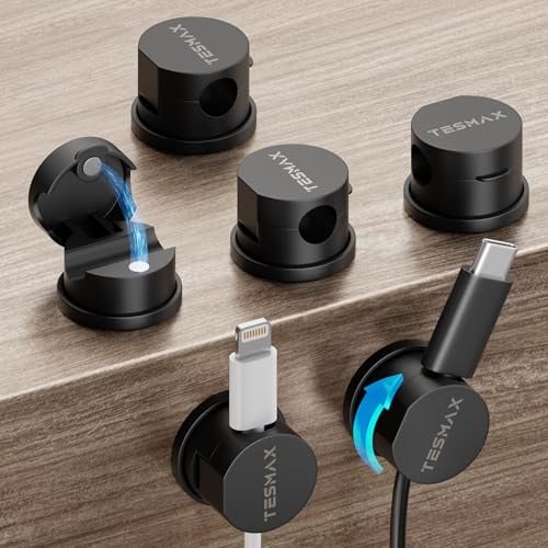 Tesmax 6 Stück Kabelhalter Selbstklebende Magnetische 360°Drehbar,Schwarz | Stärkere Klebstärke 8mm Kabelschlitzdurchmesser Einfache Installation Geeignet für eine Breite Palette von Oberflächen