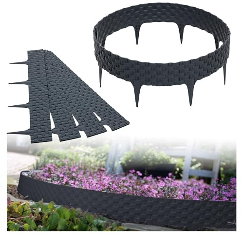 GARDENIX Rattan Rasenkante Kunststoff - Beetumrandung Rattanoptik, 3.2m Gartenpalisade Holz, Beeteinfassung Anthrazit, 4 Module, UV-beständig Beetzaun, Gartenpalisade Vielseitig Einsetzbar