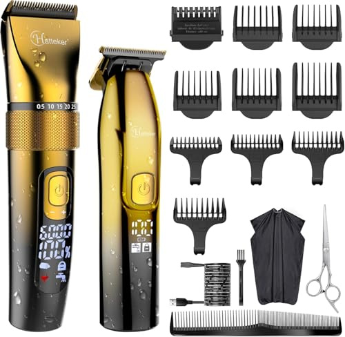 Hatteker Profi Haarschneidemaschine Set Haarschneider Pflegesets Barttrimmer Bartschneider Herren T-förmiger Trimmerkopf T-blade Trimmer Präzisionstrimmer IPX7 Wasserdicht （golden）
