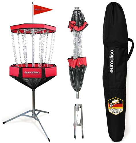 eurodisc Discgolf Korb CHAINWALKER Farbe: ROT Disc Golf Korb |Höhe: 140cm | Tragbar, mobil, leicht und zum Zusammenfalten | Inkl. Tragetasche