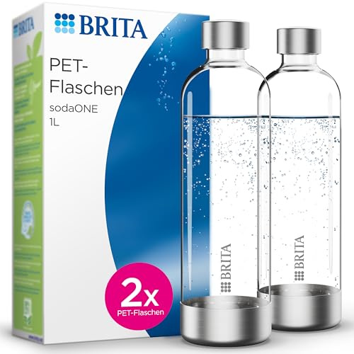 BRITA Flaschen 2er-Pack für Wassersprudler sodaONE | 2X 1 Liter Ersatzflaschen | Leichte, BPA-freie PET-Flasche im Duo-Pack | Sprudlerflaschen mit Elementen aus poliertem Edelstahl