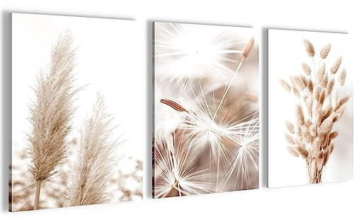 Novart Wandbilder Wohnzimmer Set Boho Style Pampasgras - FERTIG ZUM AUFHÄNGEN - 3 Bilder 30x40 cm - Schlafzimmer Deko N008935a