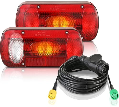MAMIZO Rückleuchten Set für Anhänger, Rücklicht Anhänger Beleuchtung 13 polig, 12V Anhängerbeleuchtung Rücklichter mit 6 Funktionen, 2 * 5.5m Kabelsatz und E-Geprüfte (JH600AB Halogen)