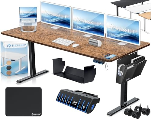 KESSER® höhenverstellbarer Schreibtisch elektrisch 180 x 80 cm, ergonomischer Steh-Sitz Tisch mit 3-Memory-Funktion, Stehtisch für Homeoffice, Inkl. Zubehör, USB-Ladeanschluss & 360° Rollen, Braun