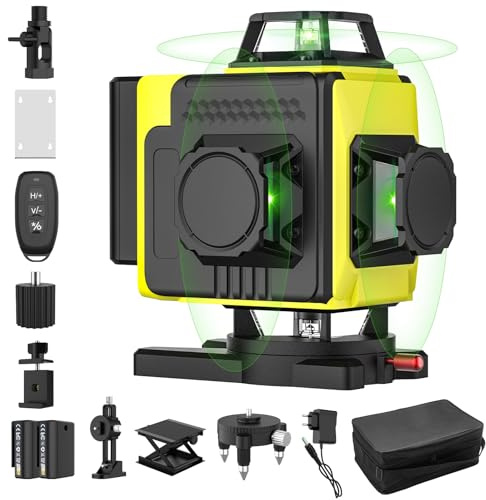 Kreuzlinienlaser 16-Linien, 4x360 Grad Grün Selbstnivellierend Laser Wasserwaage mit 2xBatterien 4D-Laser Baulaser linienlaser kreuzlaser mit 16 Linien/Fernbedienung/IP54 Wasser (Ohne Ständer)