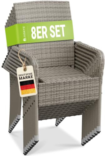 Juskys Polyrattan Gartenstühle Yoro 8er Set mit Armlehnen & Rückenlehne - 8 Stühle stapelbar - Rattan Stuhl Garten - Stapelstuhl Grau-meliert