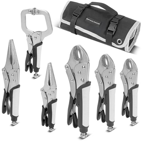 STAHLWERK Gripzangen Set 6-teilig Klemmbereich einstellbar – Langbeck-Gripzangen 165/241 mm mit gebogenen Backen 127/178/254 mm, C-Klemme 152mm, Ergonomische TPR Griffe