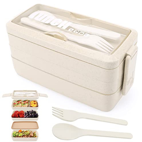 3-Lagen Brotdose Bento-Box für Erwachsene, 4-in-1 Meal prep Boxen mit Gabel und Löffel, 1000-ml Lebensmittel Aufbewahrungsbox für Männer Frauen Schüler Mikrowelle spülmaschinenfest erhältlich (Beige)