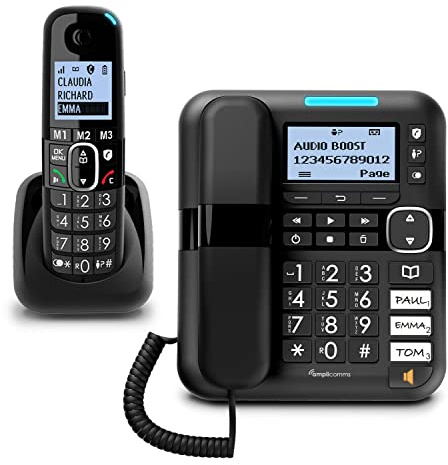 Amplicomms BigTel 1580 Combo DECT Großtasten Telefon, Anrufbeantworter, zusätzliches Mobilteil, Audio-Boost, extra Laute Klingeltöne, Hörgerätekompatibel, Schwarz