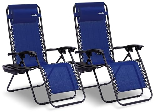 SereneLife Sonnenliege Klappbar 2er Set, Zero Gravity Liegestuhl Garten, bis 120 kg Blau, Verstellbar und Wetterfest, mit Getränkehalter und Kopfstütze, für Balkon Terrasse Strand Relax