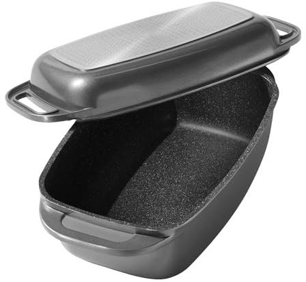 STONELINE Aluguss Bräter mit Deckel 40x22 cm, 5,8 L Bräter Induktion Backofengeeignet Für alle Herdarten, Deckel als Auflaufform verwendbar, Topf Antihaft Beschichtet mit echten Steinpartikeln, Grau