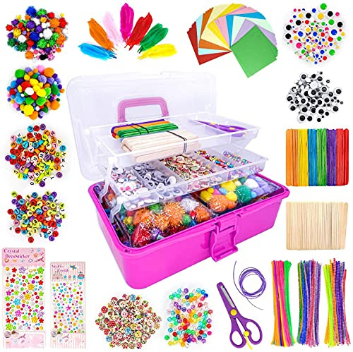 LINAYE Bastelset für Kinder 3500+Pcs Bastelmaterial in Bastelkoffer Gehören Pfeifenreiniger Pompons, Basteln Alter 4 bis 10, Geburtstagsgeschenk Bastelbox für Mädchen