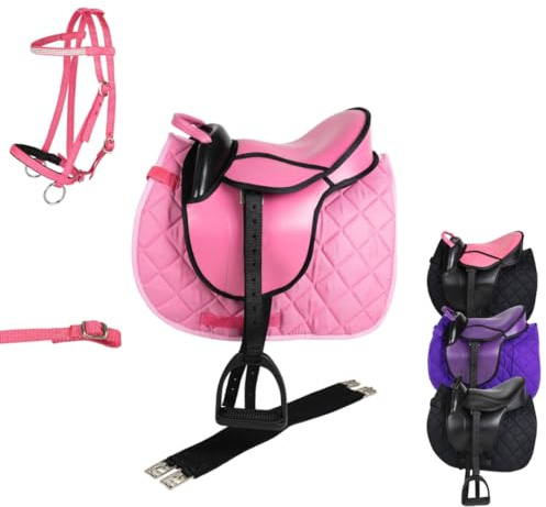 Marengos - Holzpferd Sattel Set | Sattel für Holzpferd mit Sattelgurt, Schabracke, Trense, Steigbügel & -Riemen | Sattel aus Kunstleder | Sattel-Typ Advanced in pink | Größe 12"